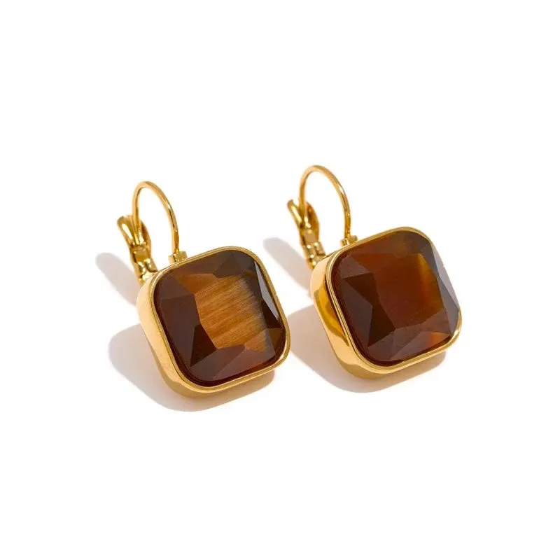 Vintage Square Opal Hook Earrings 18k Gold Women Jewelry