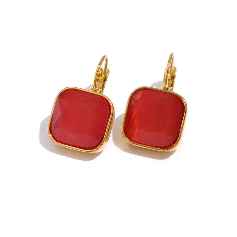 Vintage Square Opal Hook Earrings 18k Gold Women Jewelry