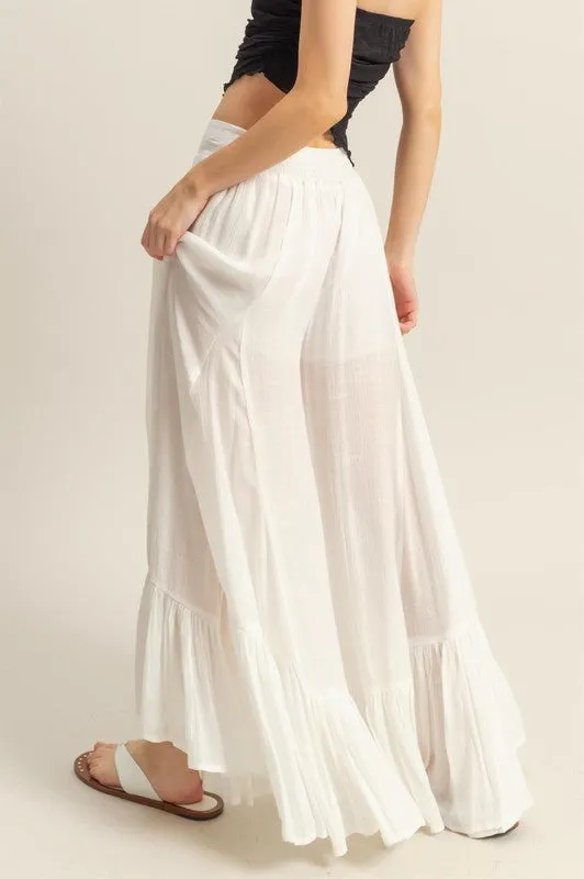 White High-Waist Ruffle Flared Wide Leg Pants