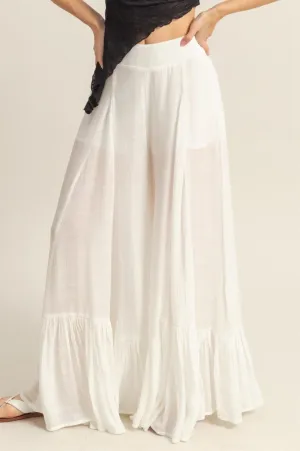 White High-Waist Ruffle Flared Wide Leg Pants