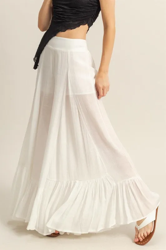 White High-Waist Ruffle Flared Wide Leg Pants