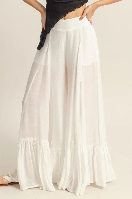 White High-Waist Ruffle Flared Wide Leg Pants