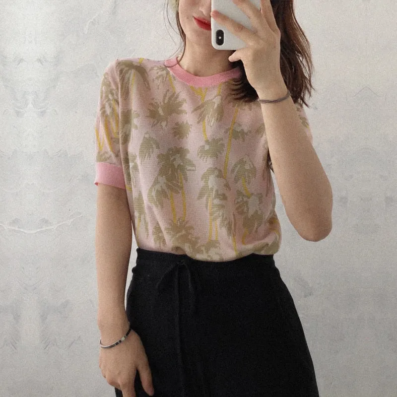 Women coconut tree Jacquard short sleeve t-shirt