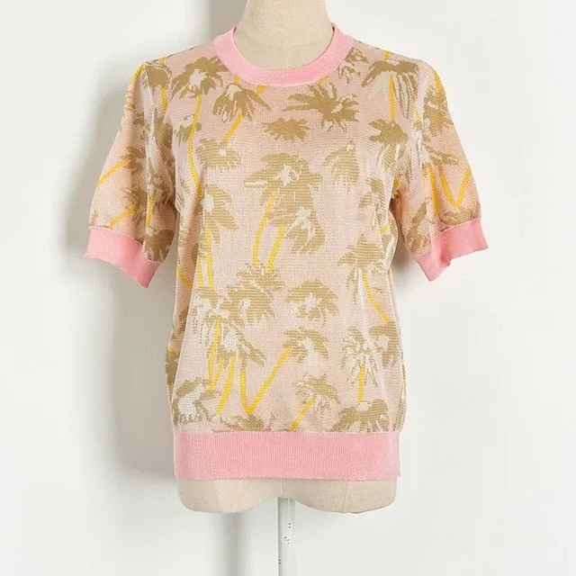 Women coconut tree Jacquard short sleeve t-shirt