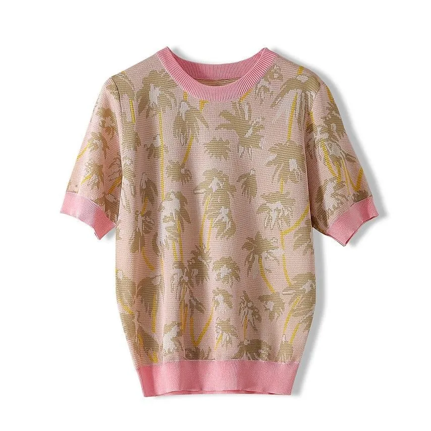 Women coconut tree Jacquard short sleeve t-shirt