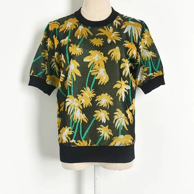 Women coconut tree Jacquard short sleeve t-shirt