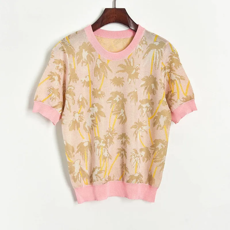Women coconut tree Jacquard short sleeve t-shirt