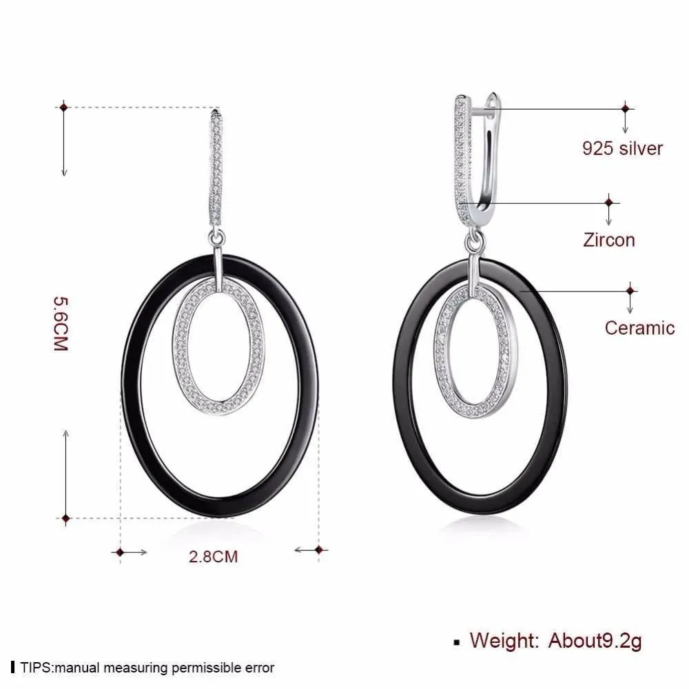 Women Sterling Silver 925 Drop Earrings Vintage Black Ellipse Ceramic With Micro-Inserted Zircon Eardrop Gift