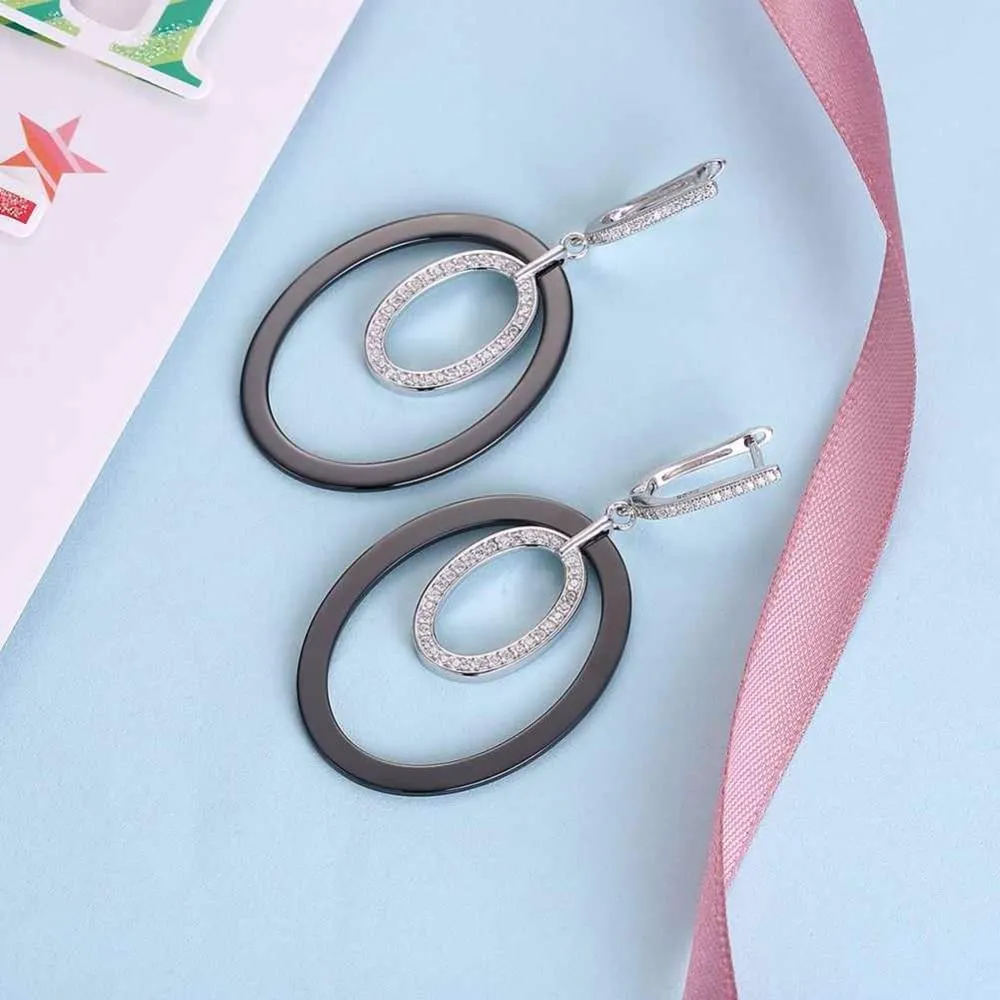 Women Sterling Silver 925 Drop Earrings Vintage Black Ellipse Ceramic With Micro-Inserted Zircon Eardrop Gift