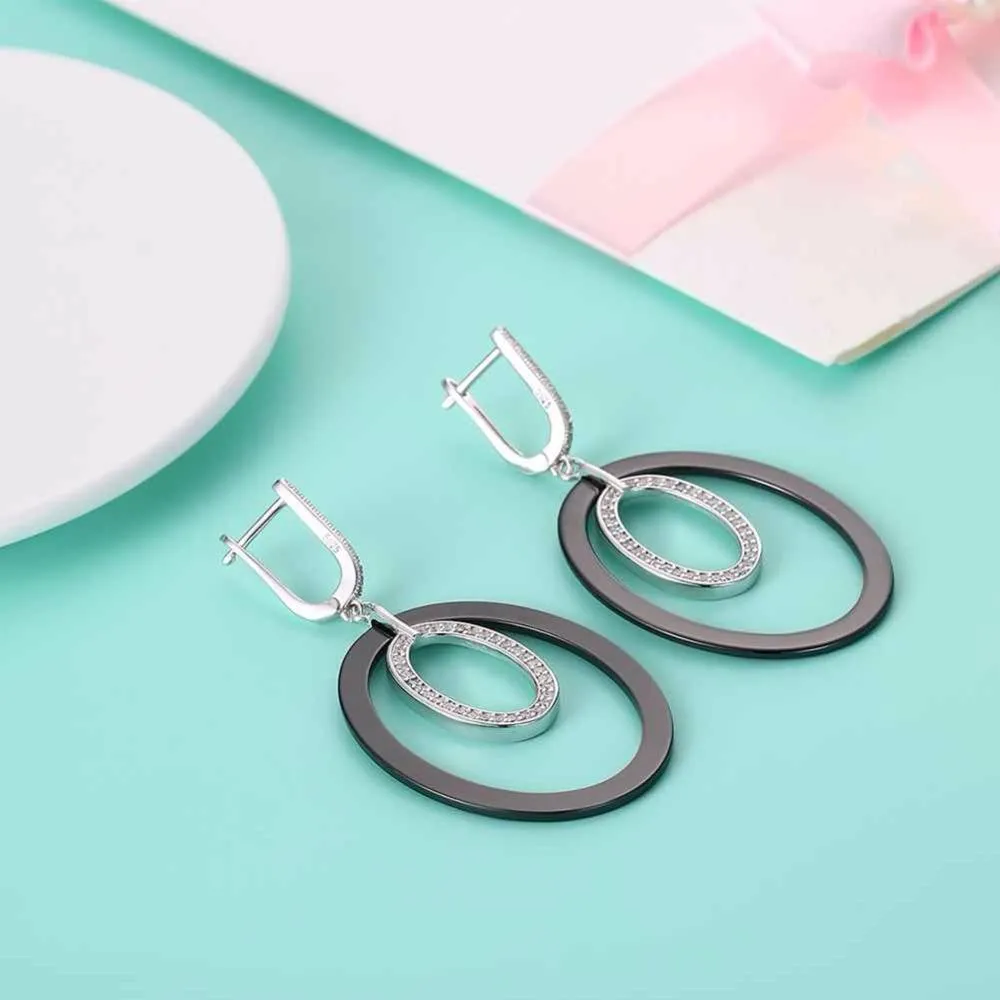 Women Sterling Silver 925 Drop Earrings Vintage Black Ellipse Ceramic With Micro-Inserted Zircon Eardrop Gift