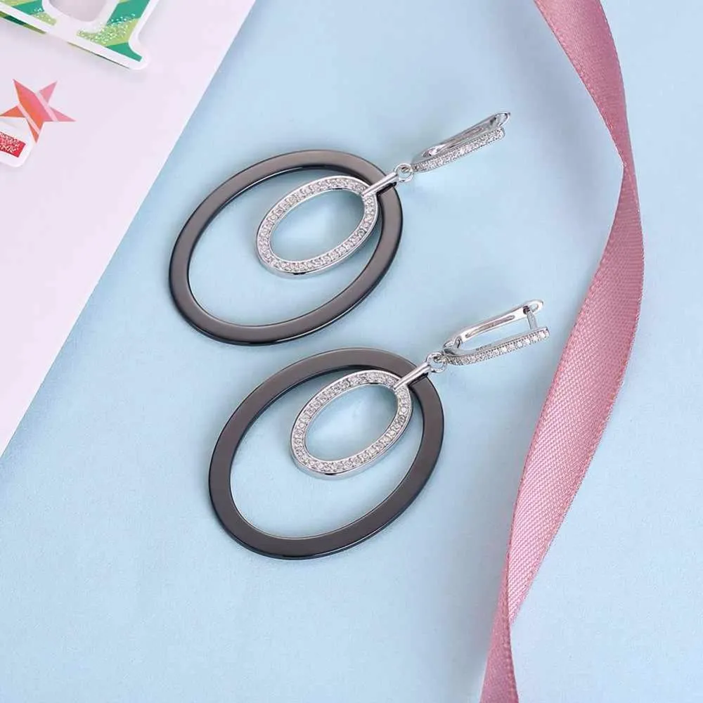 Women Sterling Silver 925 Drop Earrings Vintage Black Ellipse Ceramic With Micro-Inserted Zircon Eardrop Gift