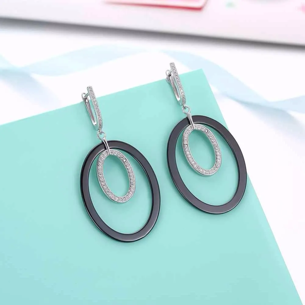 Women Sterling Silver 925 Drop Earrings Vintage Black Ellipse Ceramic With Micro-Inserted Zircon Eardrop Gift