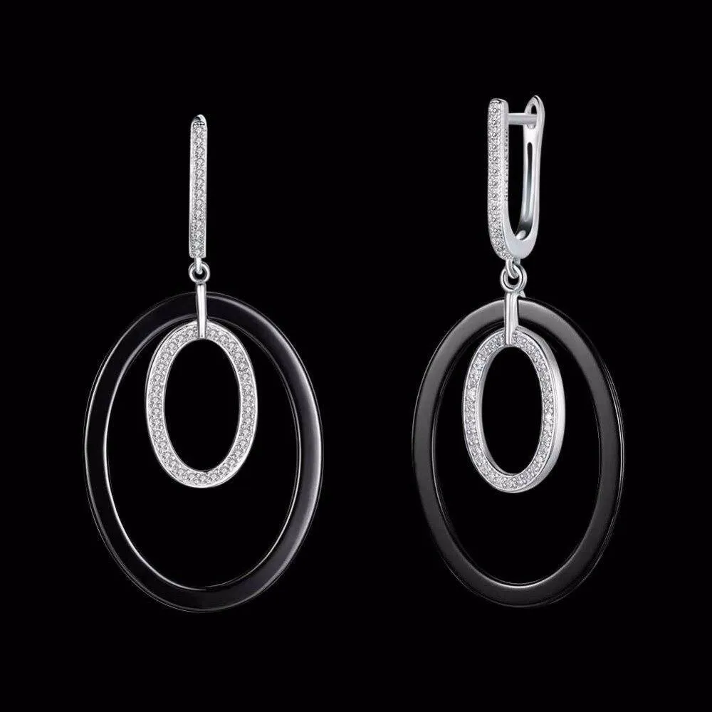 Women Sterling Silver 925 Drop Earrings Vintage Black Ellipse Ceramic With Micro-Inserted Zircon Eardrop Gift