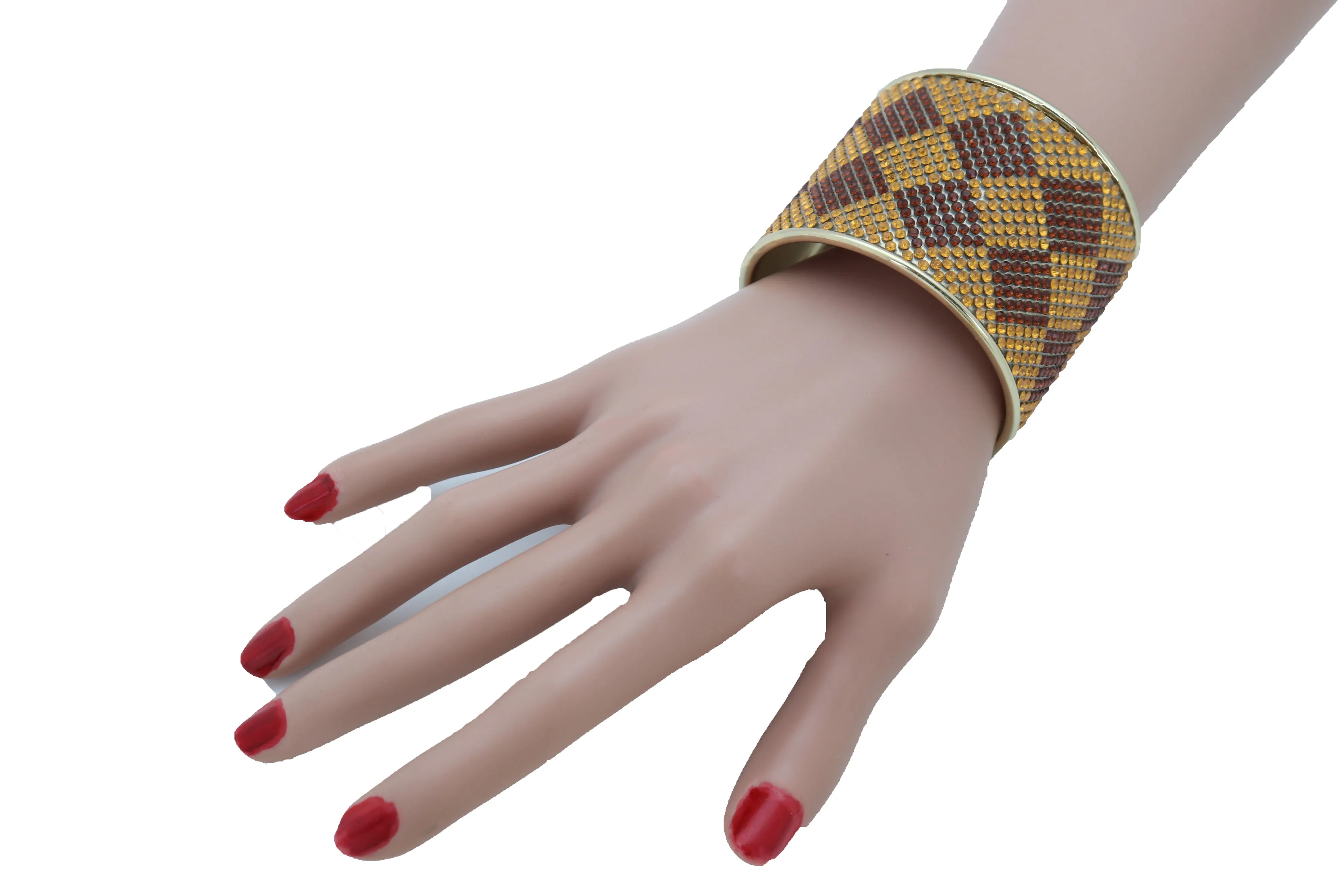 Women Wide Cuff Bracelet Fashion Gold Metal Brown Square Shape Geometric Urban One Size Fits All