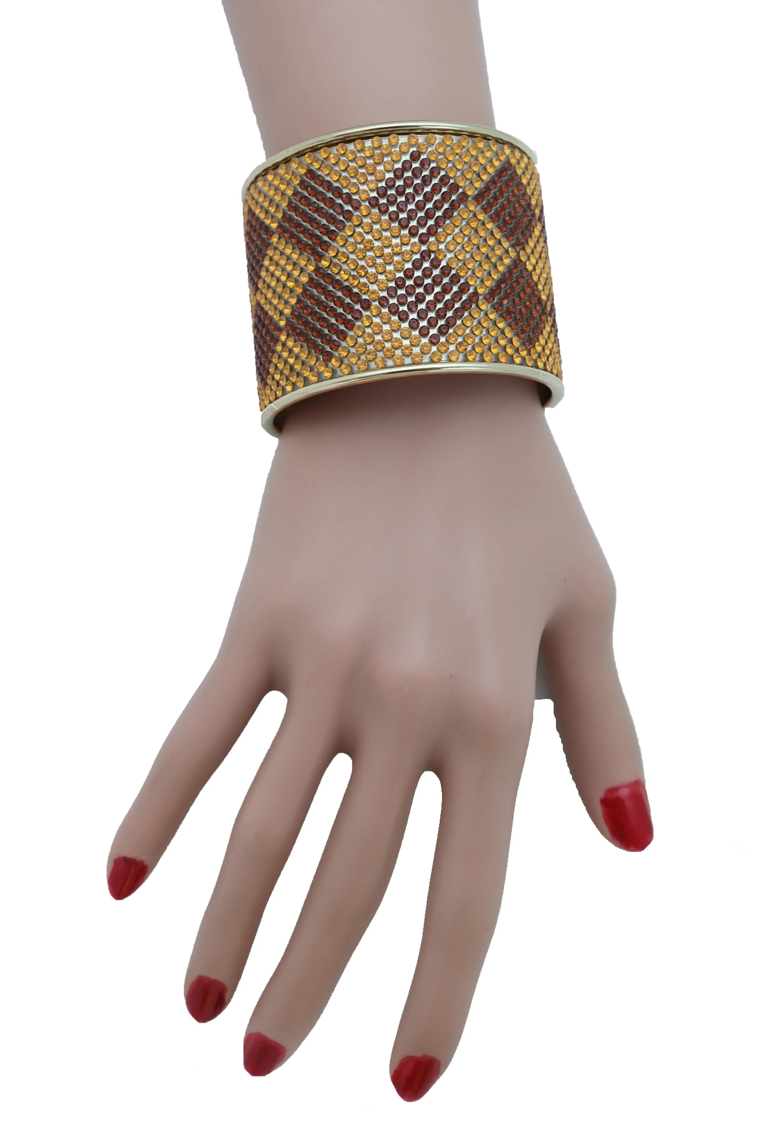 Women Wide Cuff Bracelet Fashion Gold Metal Brown Square Shape Geometric Urban One Size Fits All