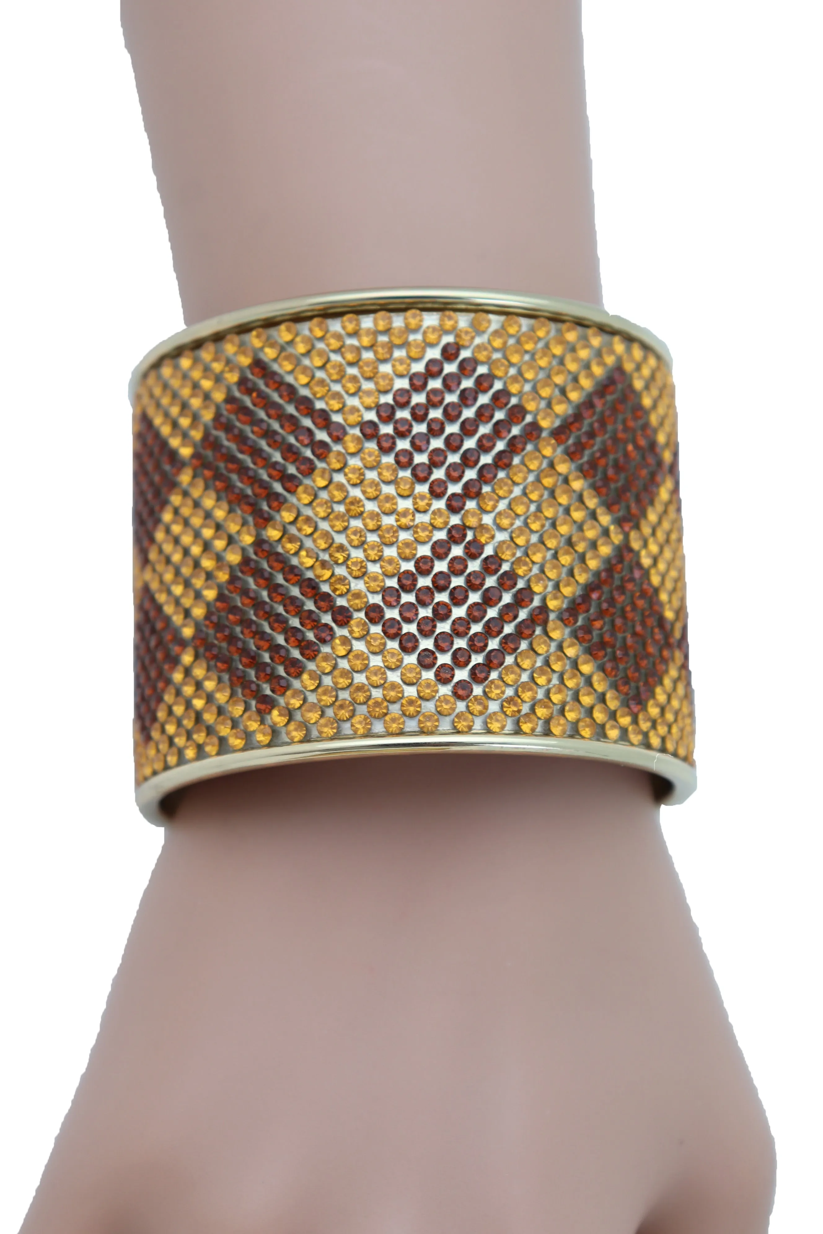 Women Wide Cuff Bracelet Fashion Gold Metal Brown Square Shape Geometric Urban One Size Fits All