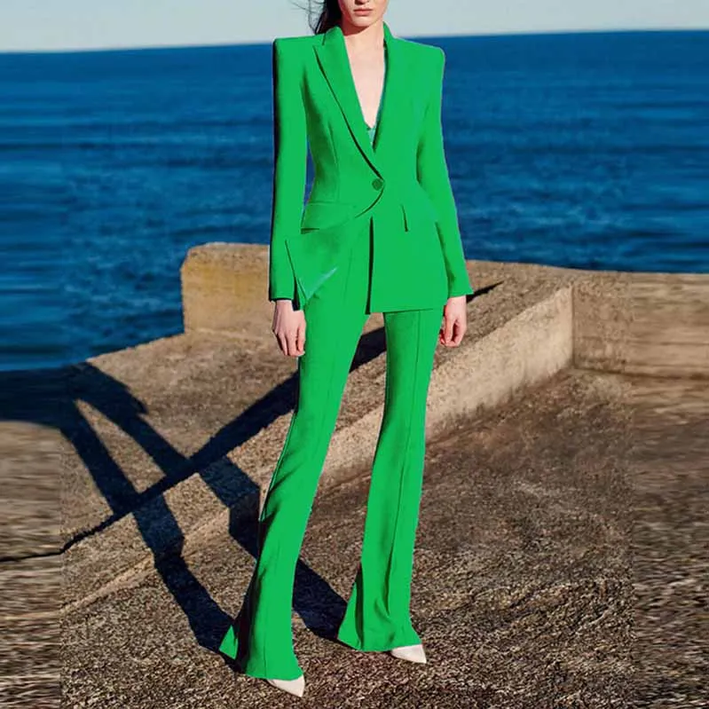Women's Green Pantsuit Blazer High Waisted Flare Pants Suit Formal Pantsuit