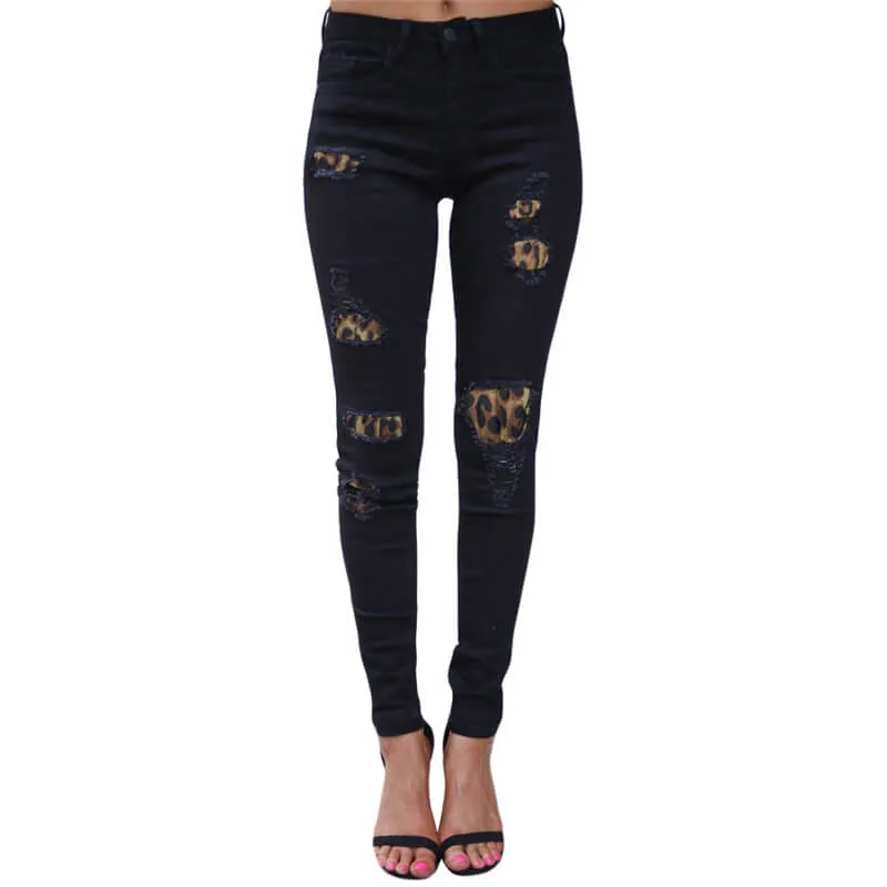 Women's Sexy Ripped Jeans Elasticity Leopard Print Jeans