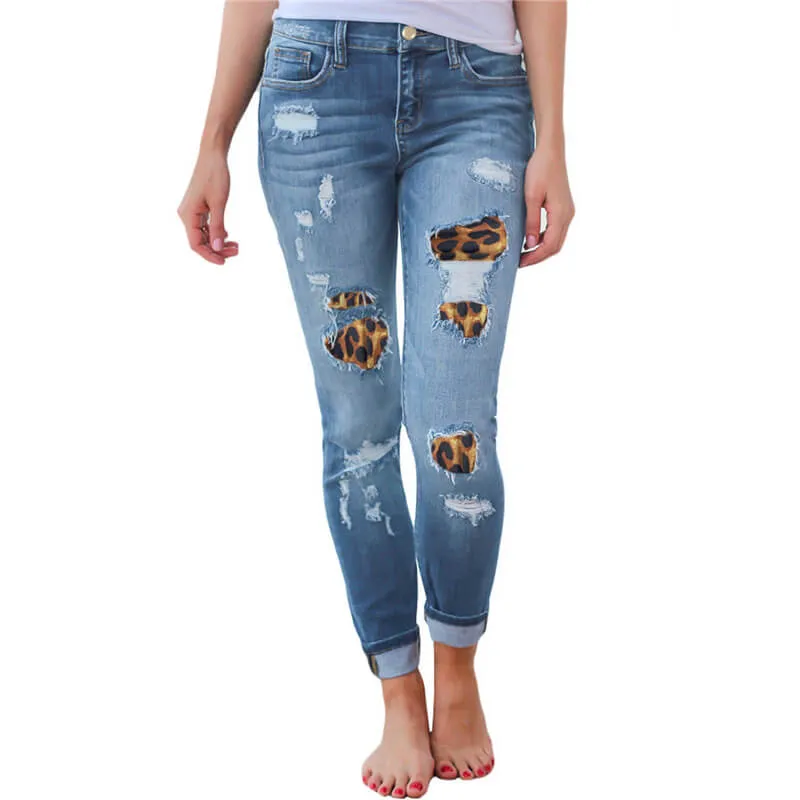 Women's Sexy Ripped Jeans Elasticity Leopard Print Jeans