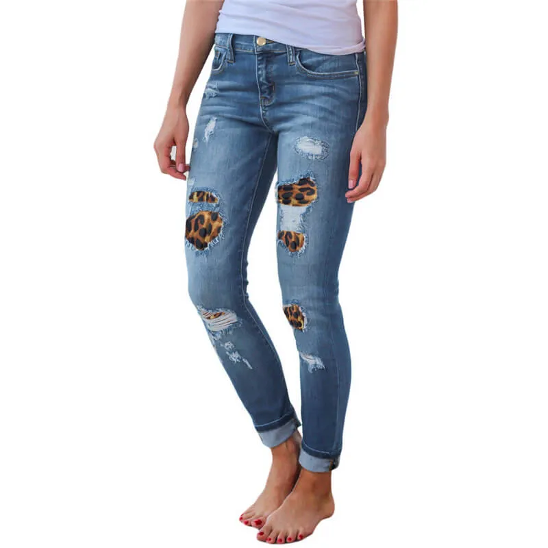 Women's Sexy Ripped Jeans Elasticity Leopard Print Jeans