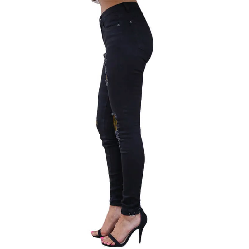 Women's Sexy Ripped Jeans Elasticity Leopard Print Jeans