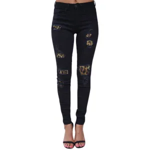 Women's Sexy Ripped Jeans Elasticity Leopard Print Jeans