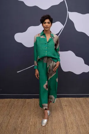 YAM   I  Salamanca WHITE POPPIES CO-ORD 2  (SHIRT & PANTS) SILK GREEN YAMISOM16