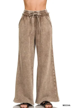 Zenana Full Size Acid Wash Fleece Palazzo Sweatpants with Pockets Plus SIze